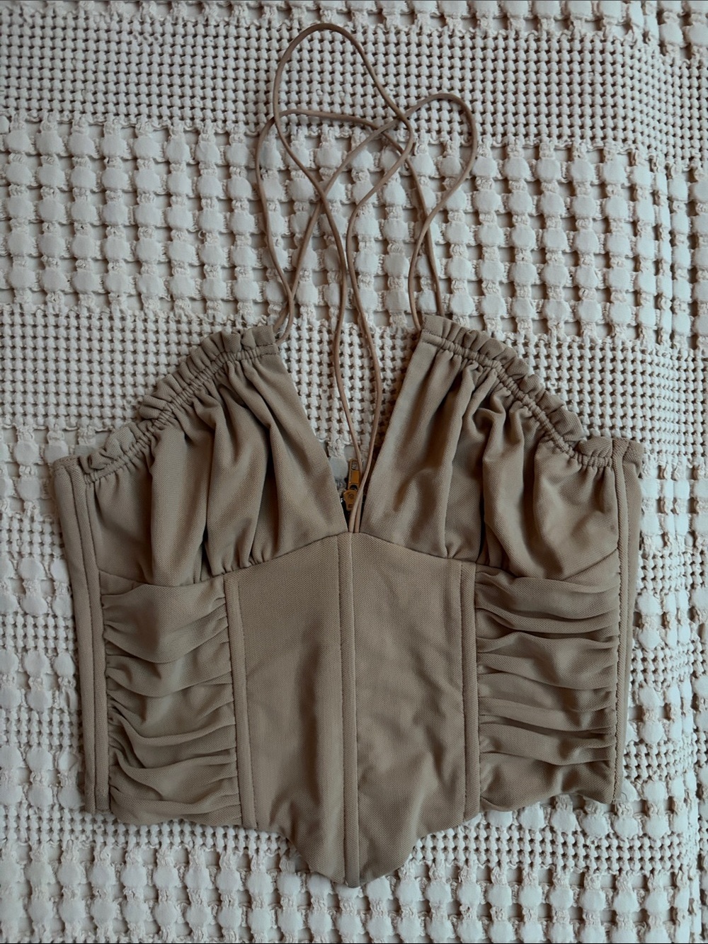 White Fox Boutique Smocked Bustier Crop Top in Taupe Size Large